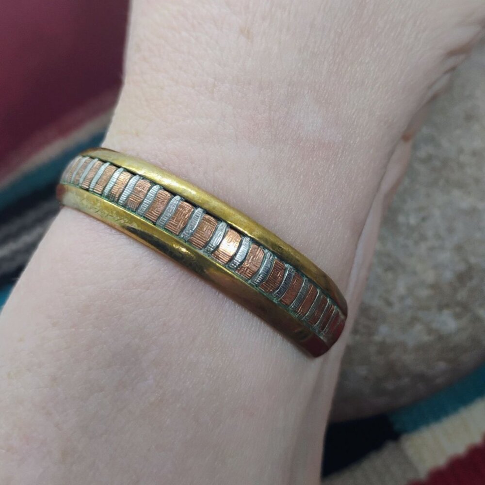 Vtg Sergio Lub Tri-Metal Copper Brass Sterling Silver Cuff Bracelet Size 6" - Picture 3 of 7